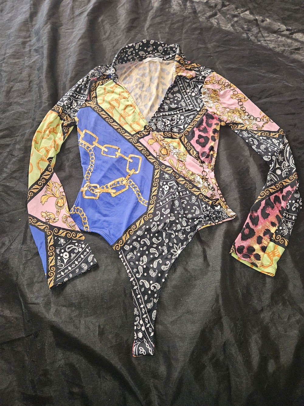 Patchwork Leopard, Chain-link & Paisley Print Long Sleeve Bodysuit